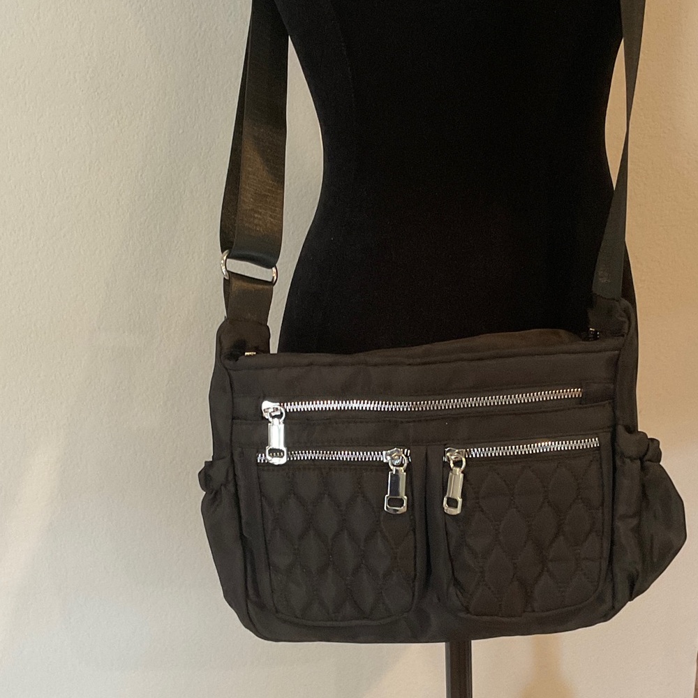 Black Quilted Crossbody Bag with Front Zipper Pockets